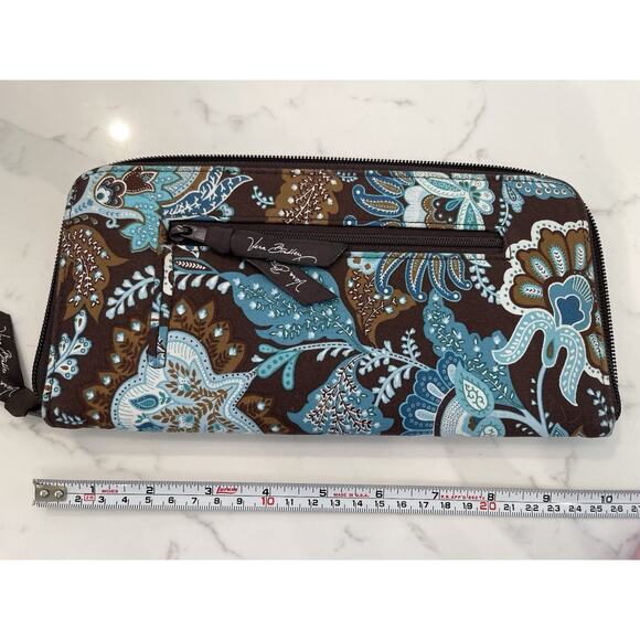 Vera Bradley Java Blue Travel Organizer Wallet Passport Brown Teal Zip Retired - Picture 2 of 5